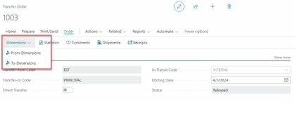 Dimensions on Transfer Order